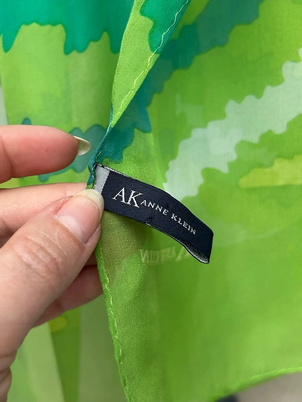 Anne Klein Green Multi-Tone Patterned Scarf Silk Sheer Skinny Scarf